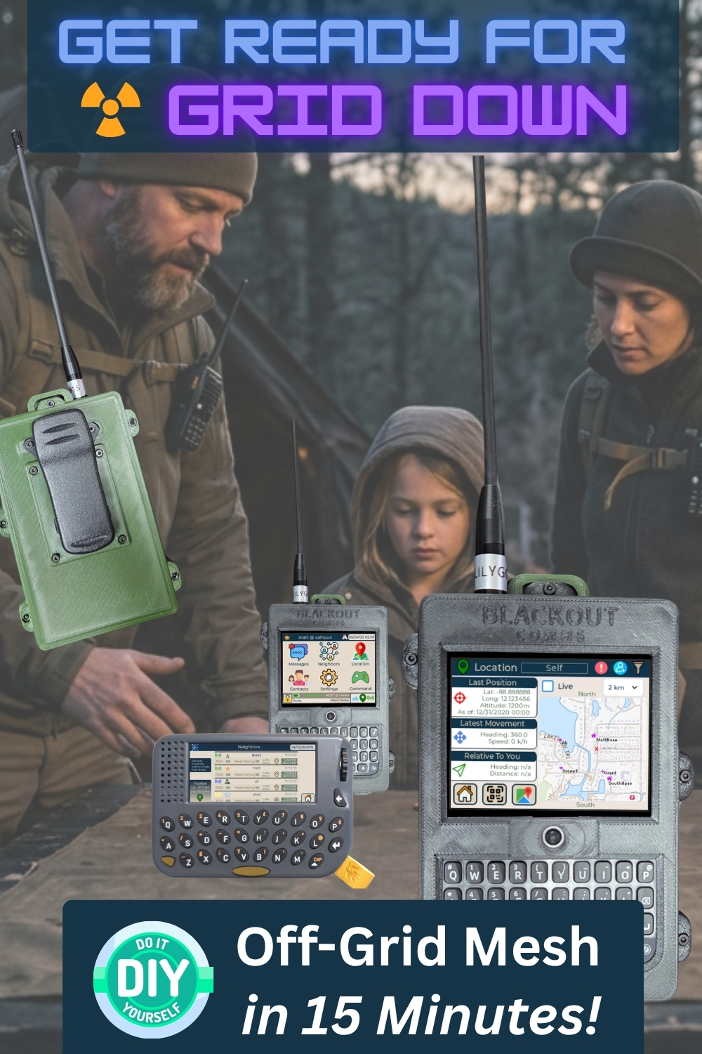 Family using their off-grid mesh netork outside after a grid event.